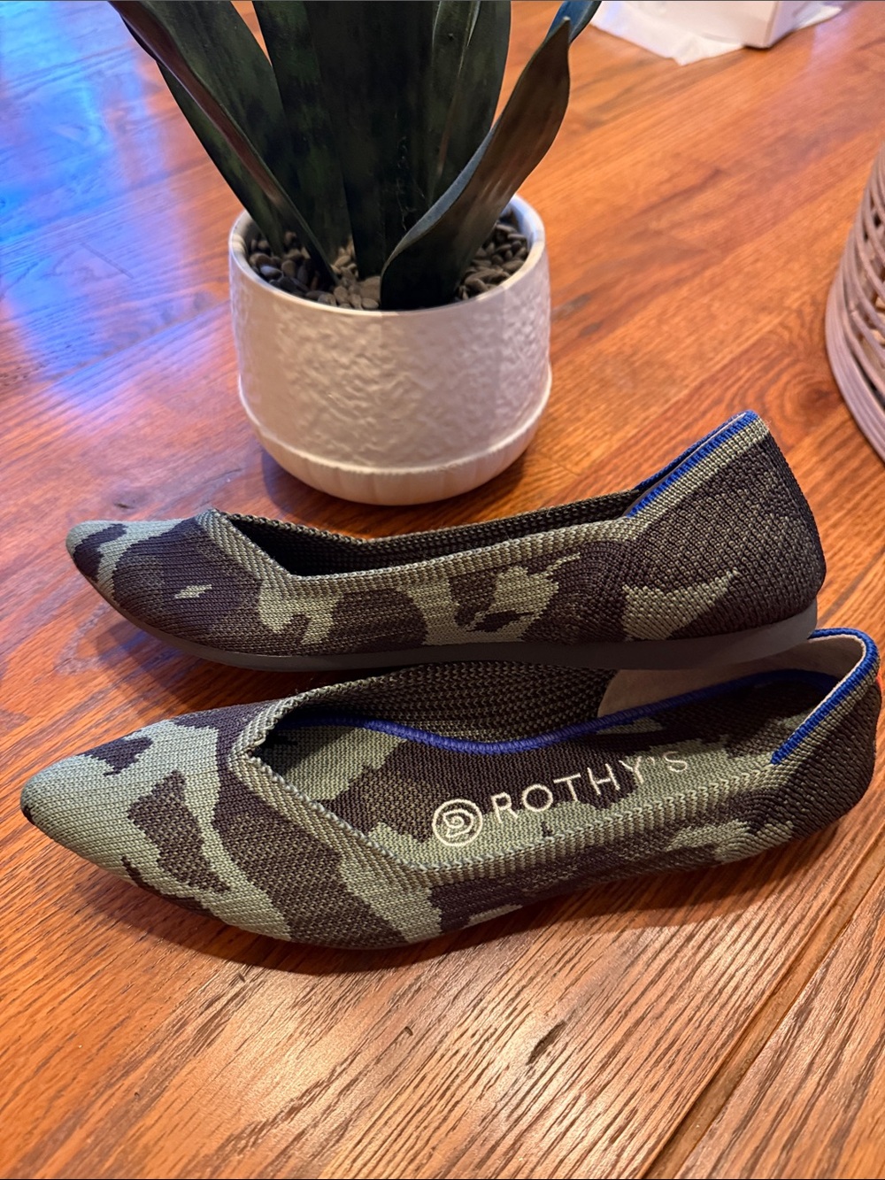 Rothy's Pointed Knit Flat in Olive Green Camo
